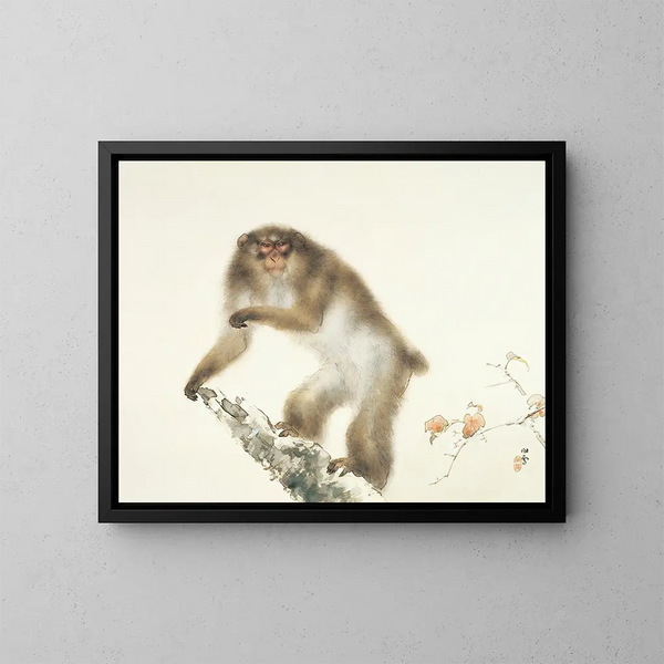 Old monkey with cherry in autumn - Hashimoto Kansetsu — framed artwork on a wall