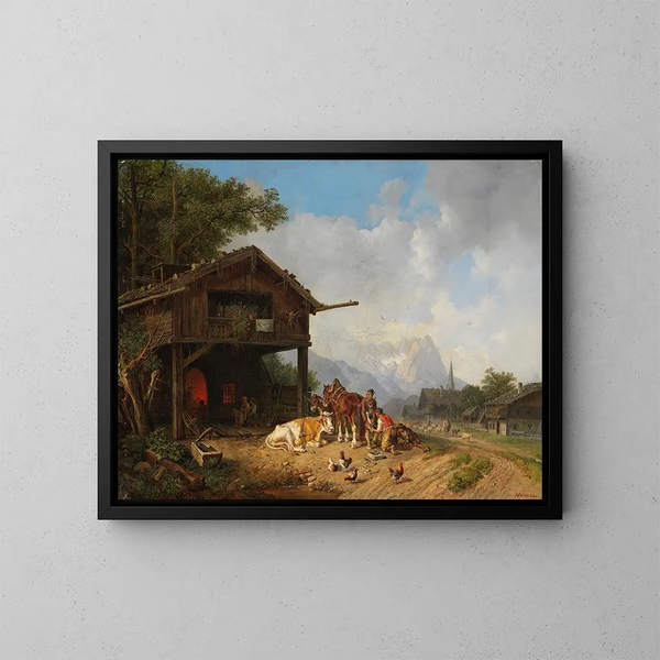 En la herrería en las montañas - Heinrich Bürkel — cuadro enmarcado en la pared