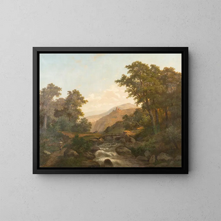 Heinrich Eduard Heyn - Romantic landscape with castle and wild stream.webp