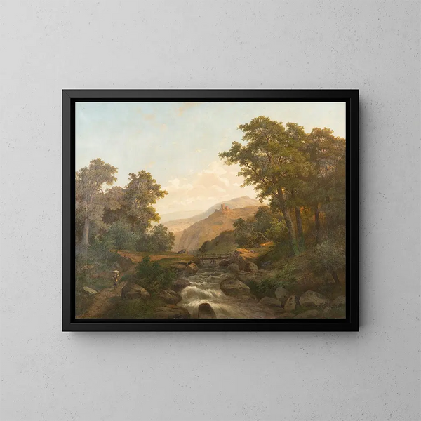 Paisaje romántico con castillo y arroyo salvaje - Heinrich Eduard Heyn — cuadro enmarcado en la pared