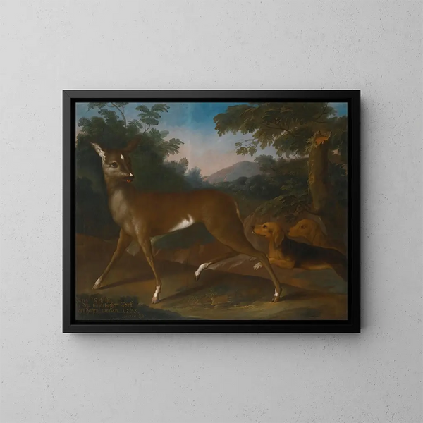 A landscape with dogs hunting a roe deer - Heinrich Lihl — framed artwork on a wall