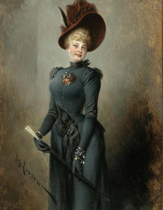 Heinrich Lossow - Portrait of a Lady in a Black Dress with a Burgundy Hat and Umbrella.webp