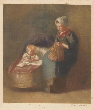 Heinrich M Krabb - Handwerkende vrouw naast een kind een wieg.webp