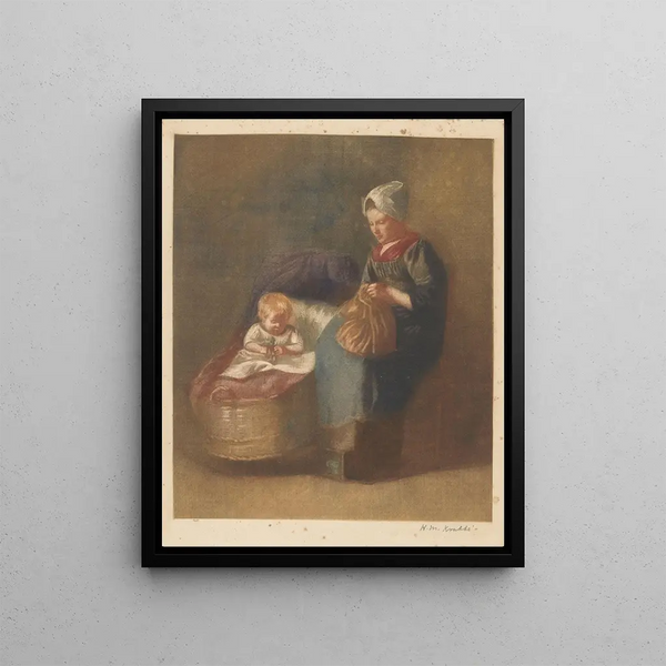 Heinrich M Krabb - Handwerkende vrouw naast een kind een wieg.webp