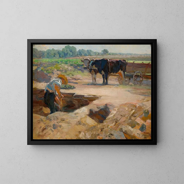 Un tourneur de tourbe avec une équipe de bœufs - Heinrich von Zügel — cuadro enmarcado en la pared