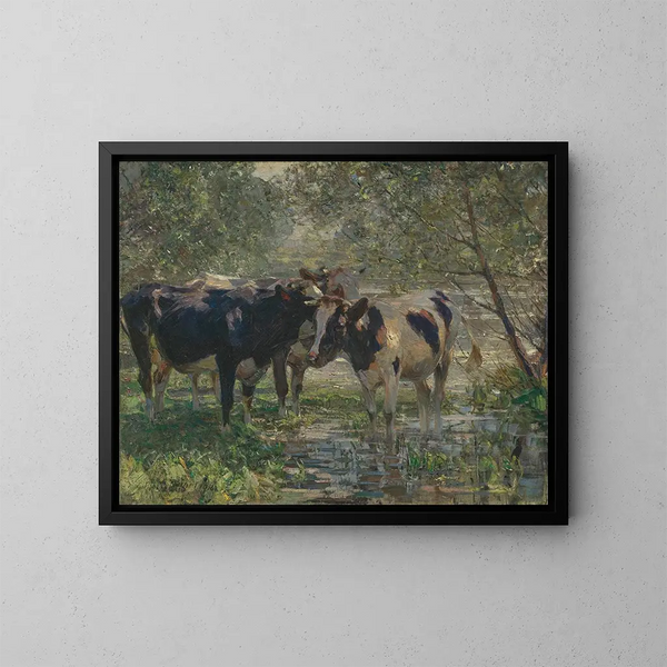 Tres vacas junto a un río - Heinrich von Zügel — cuadro enmarcado en la pared