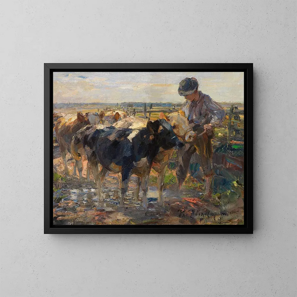 de la campesina con terneros - Heinrich von Zügel — cuadro enmarcado en la pared