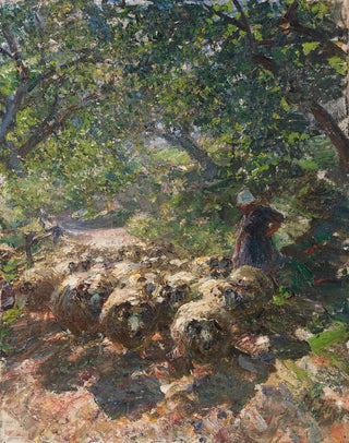 Heinrich Von Zgel - Schafherde mit Hirtin im schattigen Hohlweg.webp