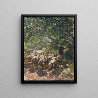 Heinrich Von Zgel - Schafherde mit Hirtin im schattigen Hohlweg.webp