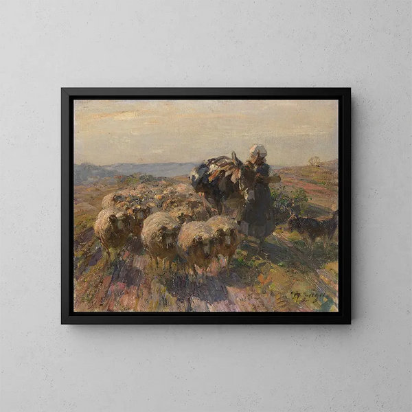 Reproducción de rebaño de ovejas con pastora y burro en el campo - Heinrich von Zügel — cuadro enmarcado en la pared