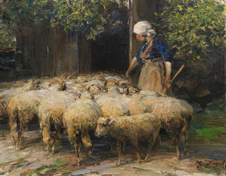 Heinrich Von Zgel - Schferin mit Schafherde am Stall.webp