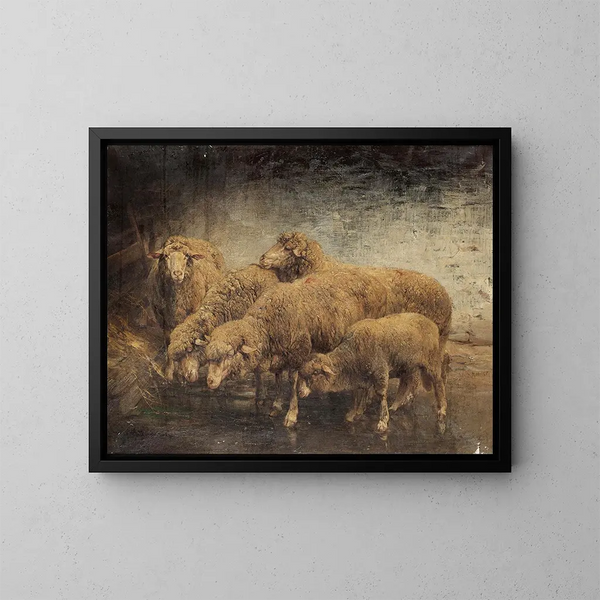 Ovejas en un granero - Heinrich von Zügel — cuadro enmarcado en la pared