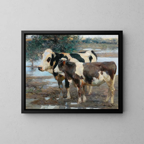 Dos vacas junto al agua - Heinrich von Zügel — cuadro enmarcado en la pared