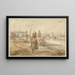 River landscape painting with a woman carrying a basket on her head, fishermen, and other figures near the city walls - Hendrick Avercamp — framed artwork on a wall
