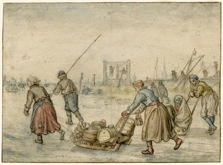 Hendrick Avercamp - Winter Landscape with Two Women and a Sledge and Other Figures on the Ice a Gallows in the Distance.webp