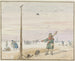 Winter landscape painting with a duck hunter, game at his belt and his gun on his shoulder, by a frozen river - Hendrick Avercamp — artwork view