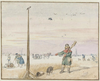 Hendrick Avercamp - Winter Landscape with a Duck Hunter with Game in his Belt and his Gun over his Shoulder on the Bank of a Frozen River.webp