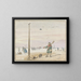 Winter landscape painting with a duck hunter, game at his belt and his gun on his shoulder, by a frozen river - Hendrick Avercamp — framed artwork on a wall