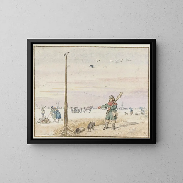 Paisaje de invierno con un cazador de patos, la caza en la cinturilla y su fusil en el hombro, al borde de un río helado - Hendrick Avercamp — cuadro enmarcado en la pared