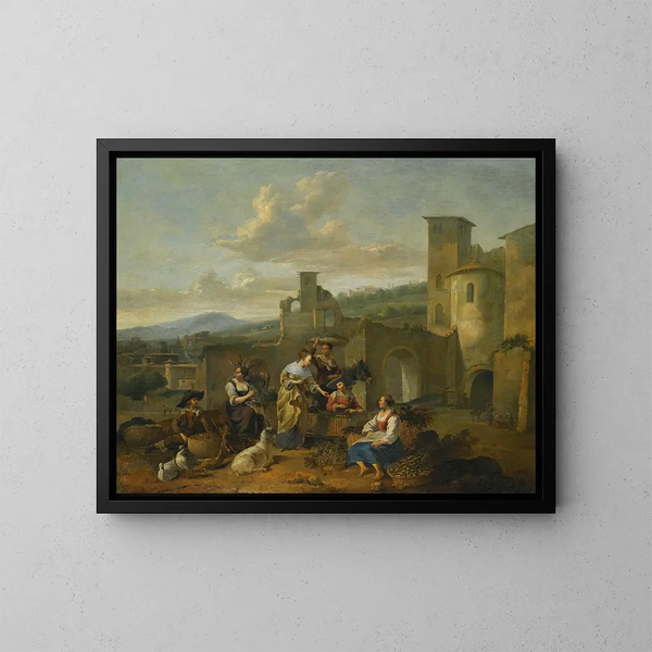 Un paisaje a la italiana con vendedores de verduras - Hendrick Mommers — cuadro enmarcado en la pared