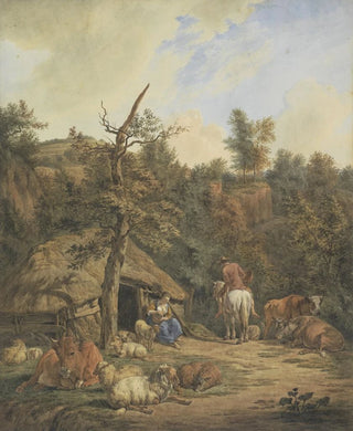 Hendrik Abraham Klinkhamer - Herder herderin en vee rustend voor een vervallen stal after Adriaen van de Velde.webp