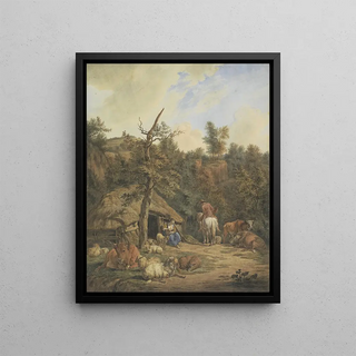 Hendrik Abraham Klinkhamer - Herder herderin en vee rustend voor een vervallen stal after Adriaen van de Velde.webp