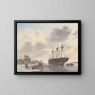Hendrik Abraham Klinkhamer - Schip in het ijs op een rivier bij een stad.webp