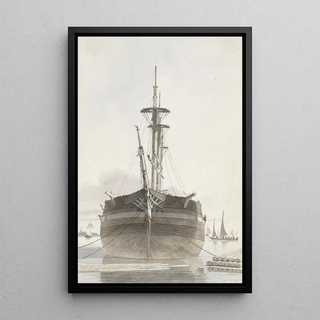 Hendrik Abraham Klinkhamer - Zeilschip van voren gezien in een houthaven.webp