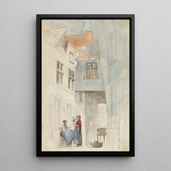 Mujeres con un niño en una callejuela - Hendrik Adriaan Christiaan Dekker — cuadro enmarcado en la pared