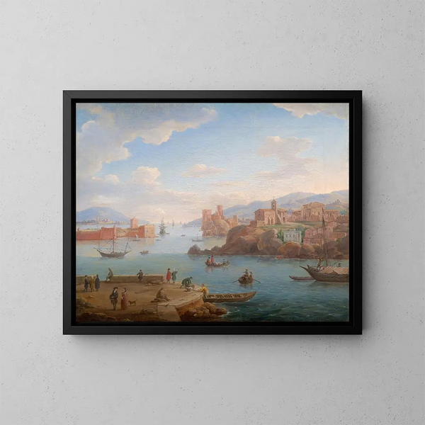 View of a Mediterranean port - Hendrik Frans van Lint — framed artwork on a wall