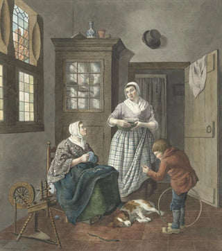 Hendrik Jan van Amerom - Interieur met naaiende vrouw dienstmeid en spelende jongen.webp