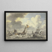 Stormy Sea, many ships are leaving, on the right a fishing boat pulls a net - Hendrik Kobell — framed artwork on a wall