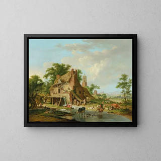 Hendrik Meijer - A watermill with farmyard animals and peasants a landscape beyond.webp