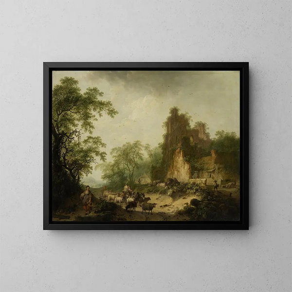 Paisaje con un rebaño de ovejas frente a una cabaña de campesino en ruinas - Hendrik Meyer — cuadro enmarcado en la pared