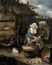 Una mujer en casa en un patio interior limpiando pescado - Hendrik Potuyl — vista de la obra