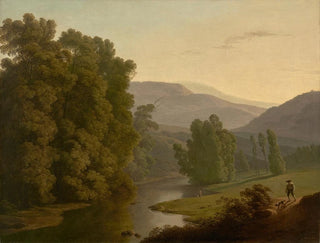 Hendrik Voogd - A landscape with figures by a river and mountains in the distance.webp