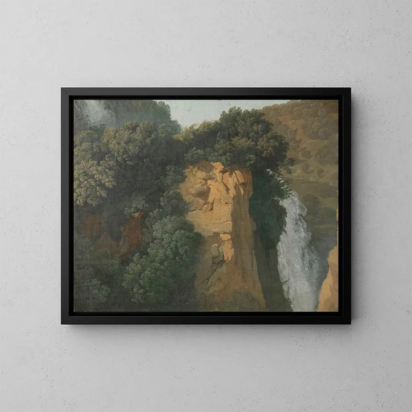 Cliffs overrun with a waterfall in Italy, perhaps in Tivoli - Hendrik Voogd — framed artwork on a wall