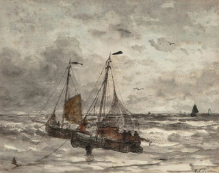 Hendrik Willem Mesdag - Fishing boats at anchor on a choppy sea.webp