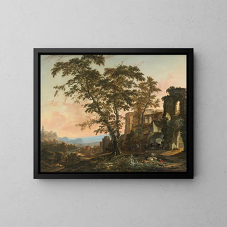 Hendrik van Minderhout - Extensive Rhenish Landscape With Peasants And Animals Resting In The Shade Of Romanesque Ruins.webp