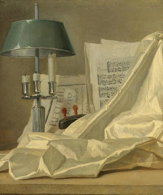 HenriHorace Roland Delaporte - A Still Life With A Bouillette Lamp A Sheet Of Music A Violin Or A Cittern And A White Satin Cloth On A Stone Ledge.webp