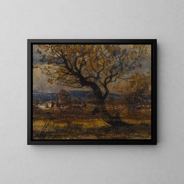 Estudio de un arbusto al fondo de algunas cabañas - Henri-Joseph Harpignies — cuadro enmarcado en la pared