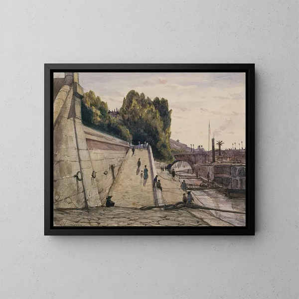 Los baños de la Samaritaine, el Sena en el muelle del Louvre, 1er arrondissement - Henri-Joseph Harpignies — cuadro enmarcado en la pared