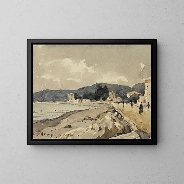 sobre los bordes del mar en Niza - Henri-Joseph Harpignies — cuadro enmarcado en la pared