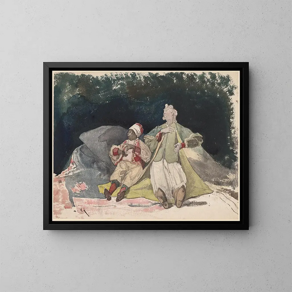 Dos muñecas o marionetas sentadas sobre cojines - Henri-Joseph Harpignies — cuadro enmarcado en la pared