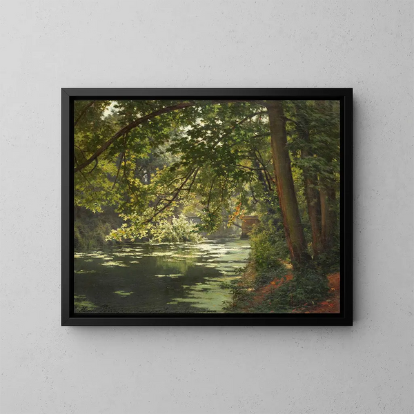 Un río boscoso bajo el sol - Henri Biva — cuadro enmarcado en la pared