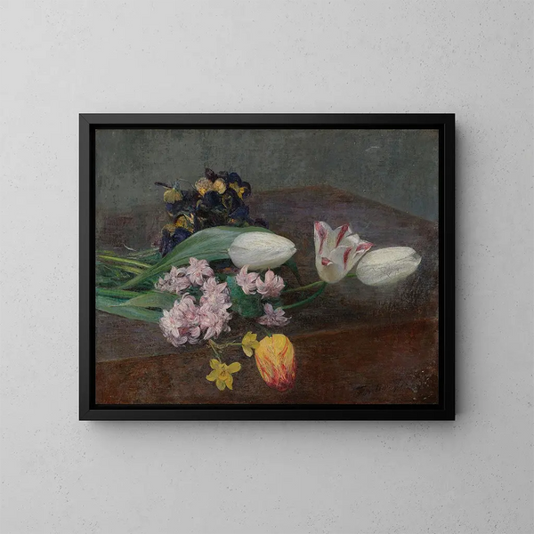 Jacinthes, tulips and pansies placed on a table - Henri Fantin-Latour — framed artwork on a wall