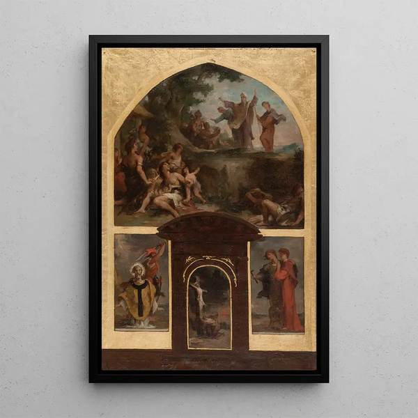 Preaching of Saint Denis and Conversion of the Gauls Decapitation of Saint Denis Christ on the cross Saint Rusticus and Saint Eleutherus - Henri Léopold Lévy — framed artwork on a wall