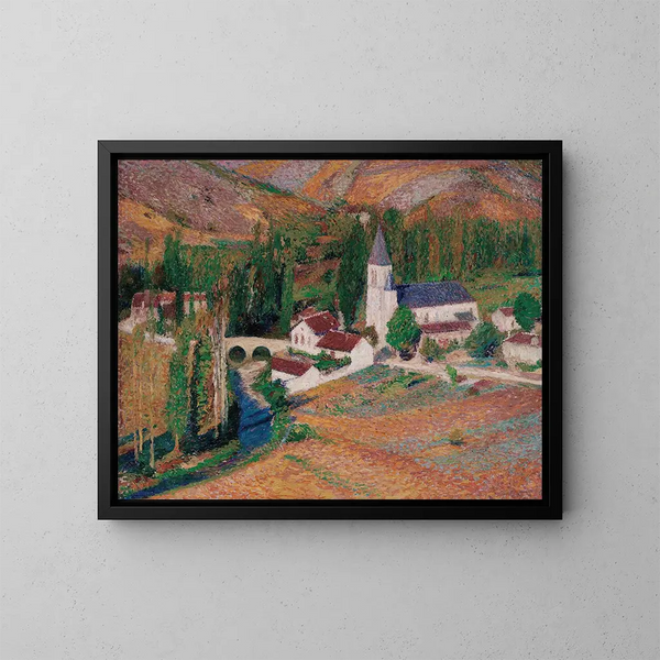 L'église de Labastide-du-Vert avec le pont et la rivière un soir d'automne - Henri Martin — cuadro enmarcado en la pared