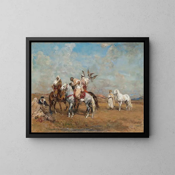 The falcon hunt - Henri Émilien Rousseau — framed artwork on a wall