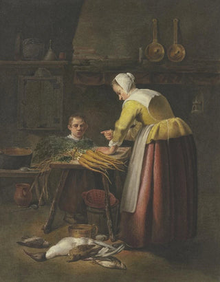 Henricus Franciscus Wiertz - Frau und Kind in der Kche bei Karotten und Geflgel.webp